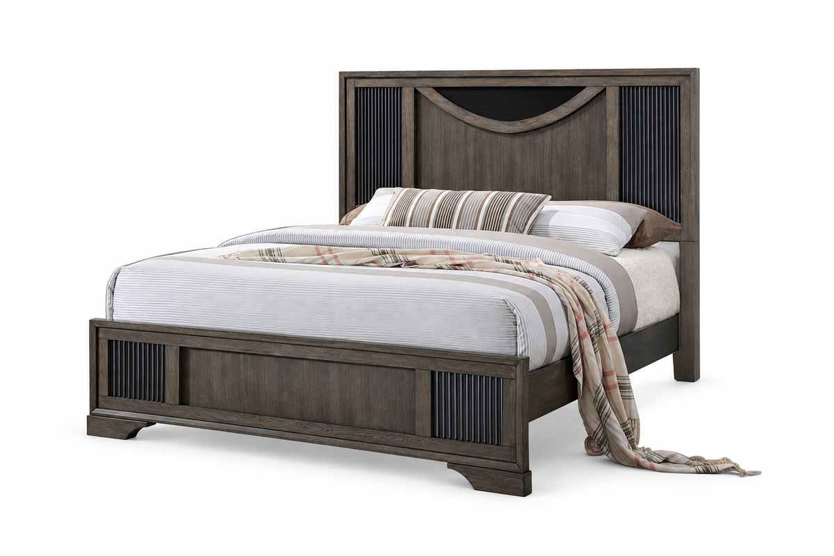 Ernest warm grey bed frame, staged with bedding; mattress and bedding not included