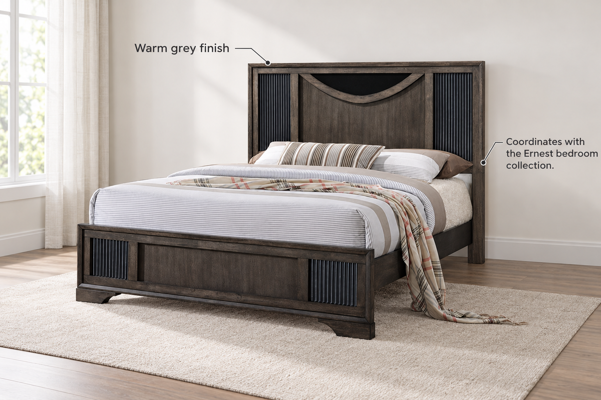 Ernest warm grey bed frame, feature illustration