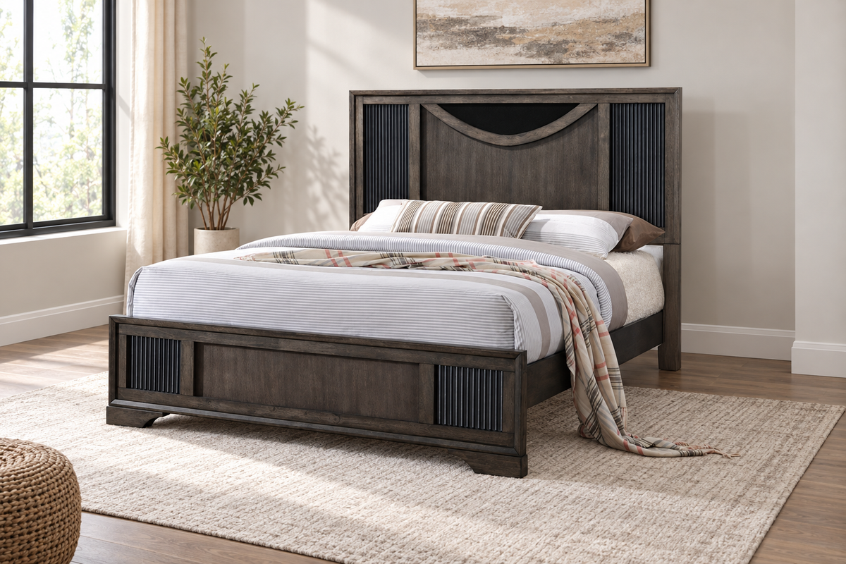Ernest warm grey bed frame, staged with bedding; mattress and bedding not included