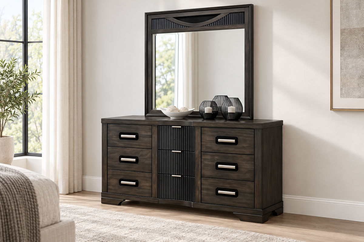 Ernest warm grey dresser in a staged bedroom; mirror sold separately