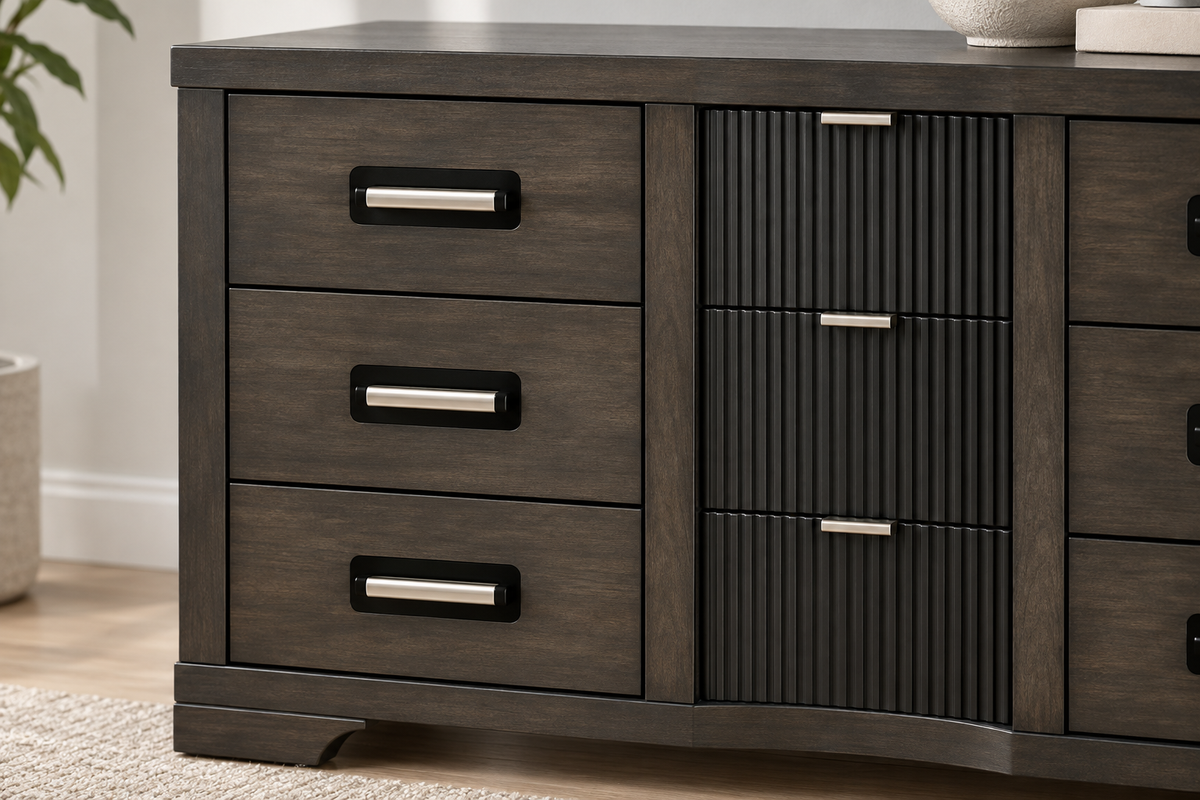 Ernest warm grey dresser in a staged bedroom; mirror sold separately