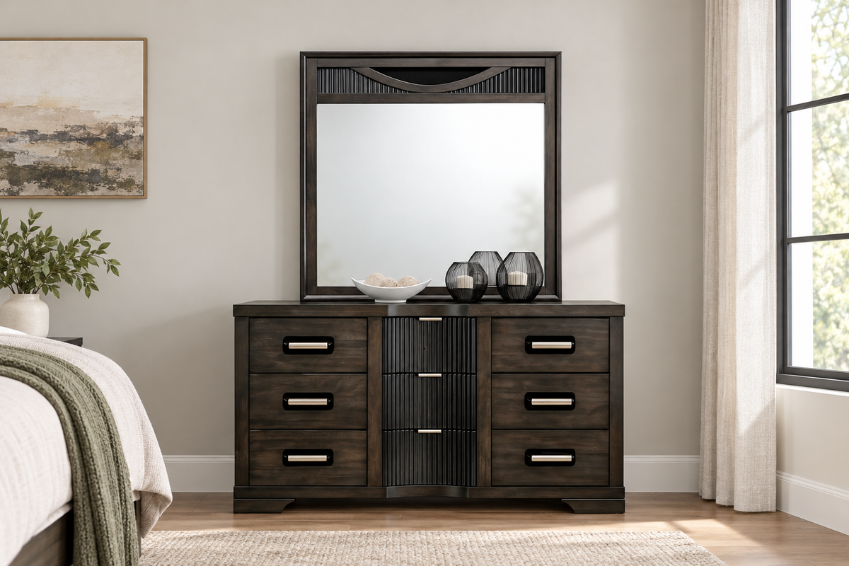Ernest warm grey dresser in a staged bedroom; mirror sold separately