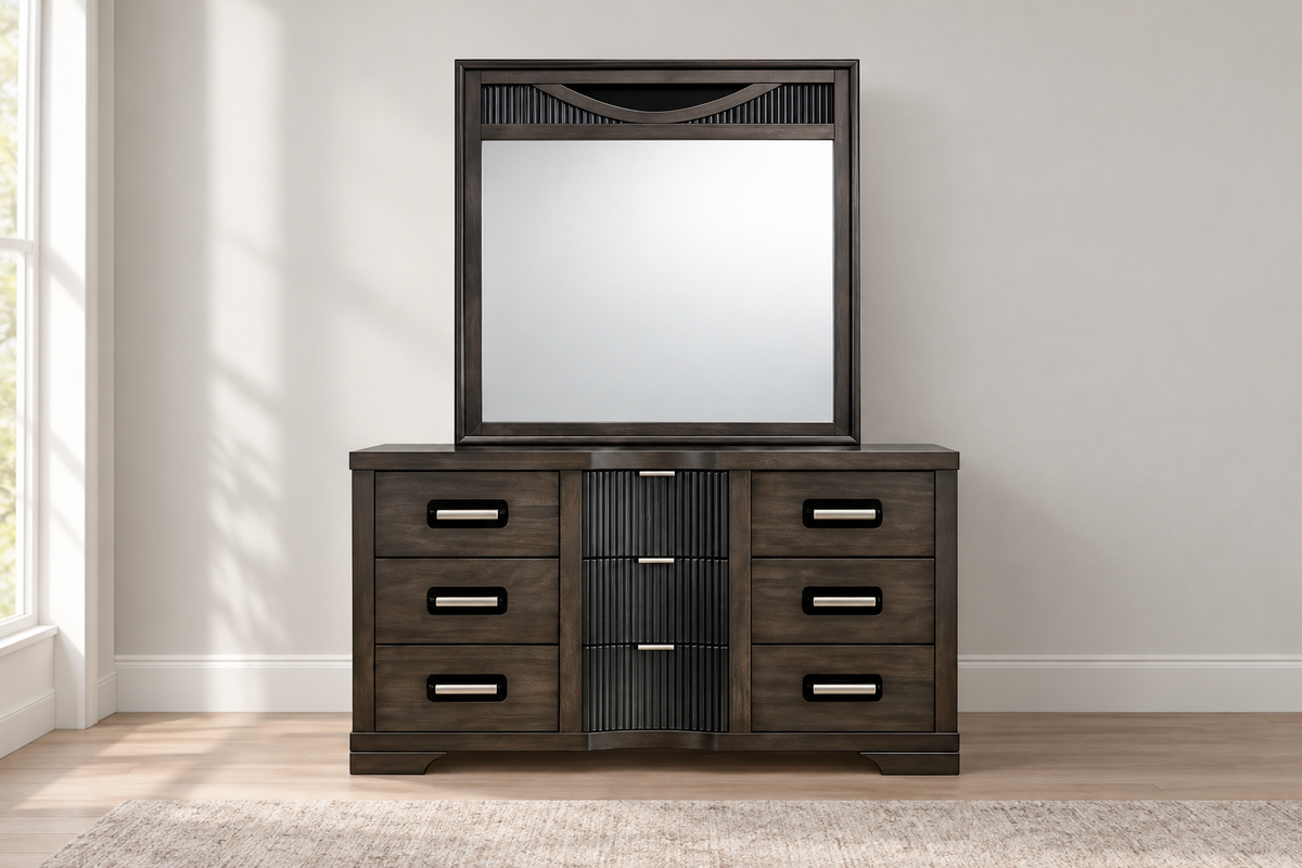 Ernest warm grey dresser in a staged bedroom; mirror sold separately
