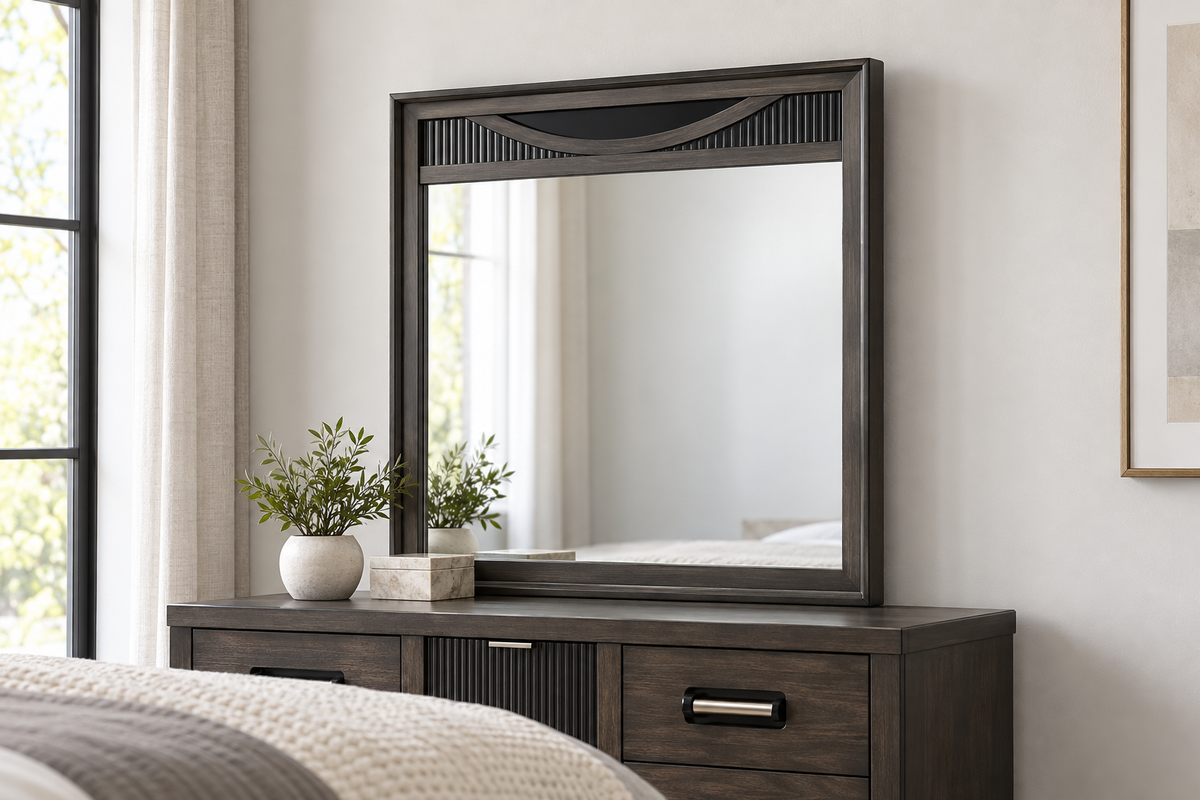 Ernest warm grey mirror above a coordinating dresser; dresser sold separately