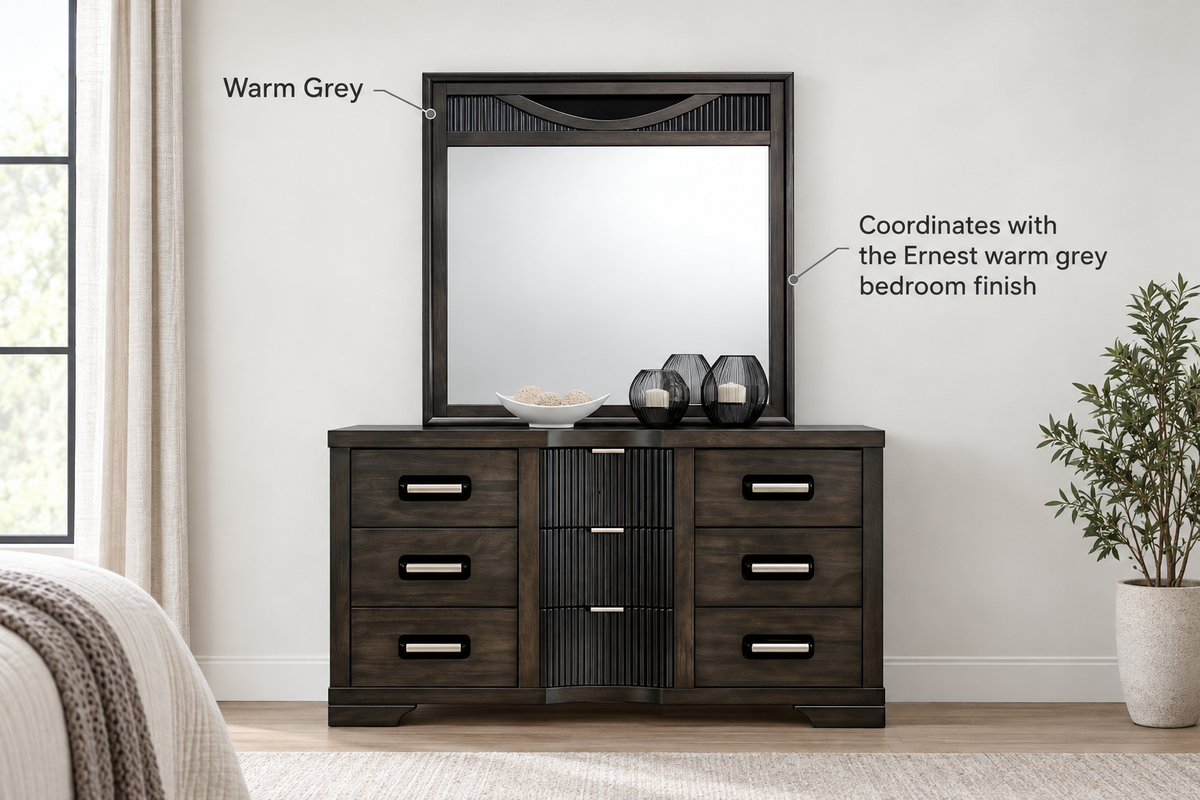 Ernest warm grey mirror above a coordinating dresser; dresser sold separately