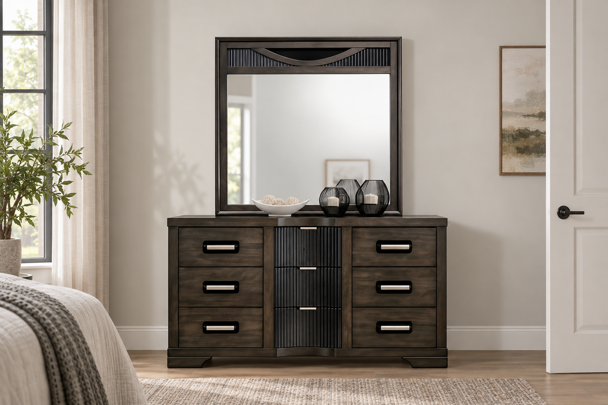 Ernest warm grey mirror above a coordinating dresser; dresser sold separately