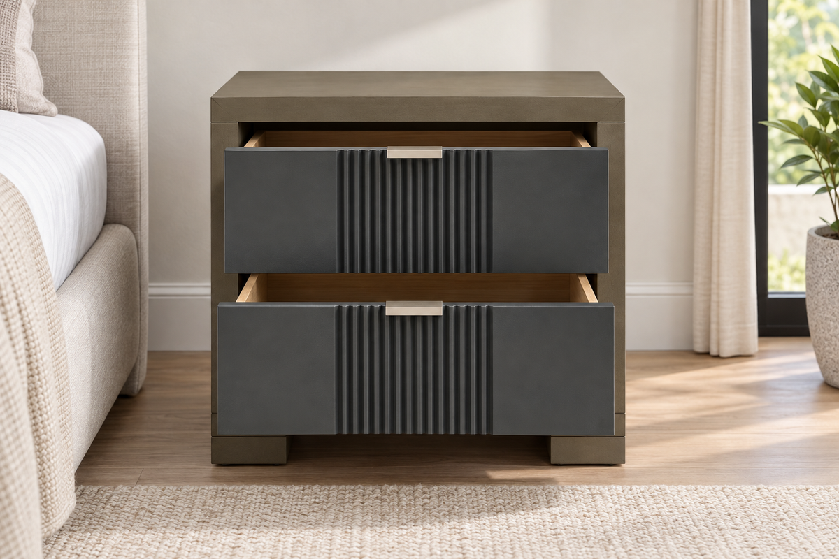 Ernest warm grey nightstand with two open drawers, front view in a bedroom