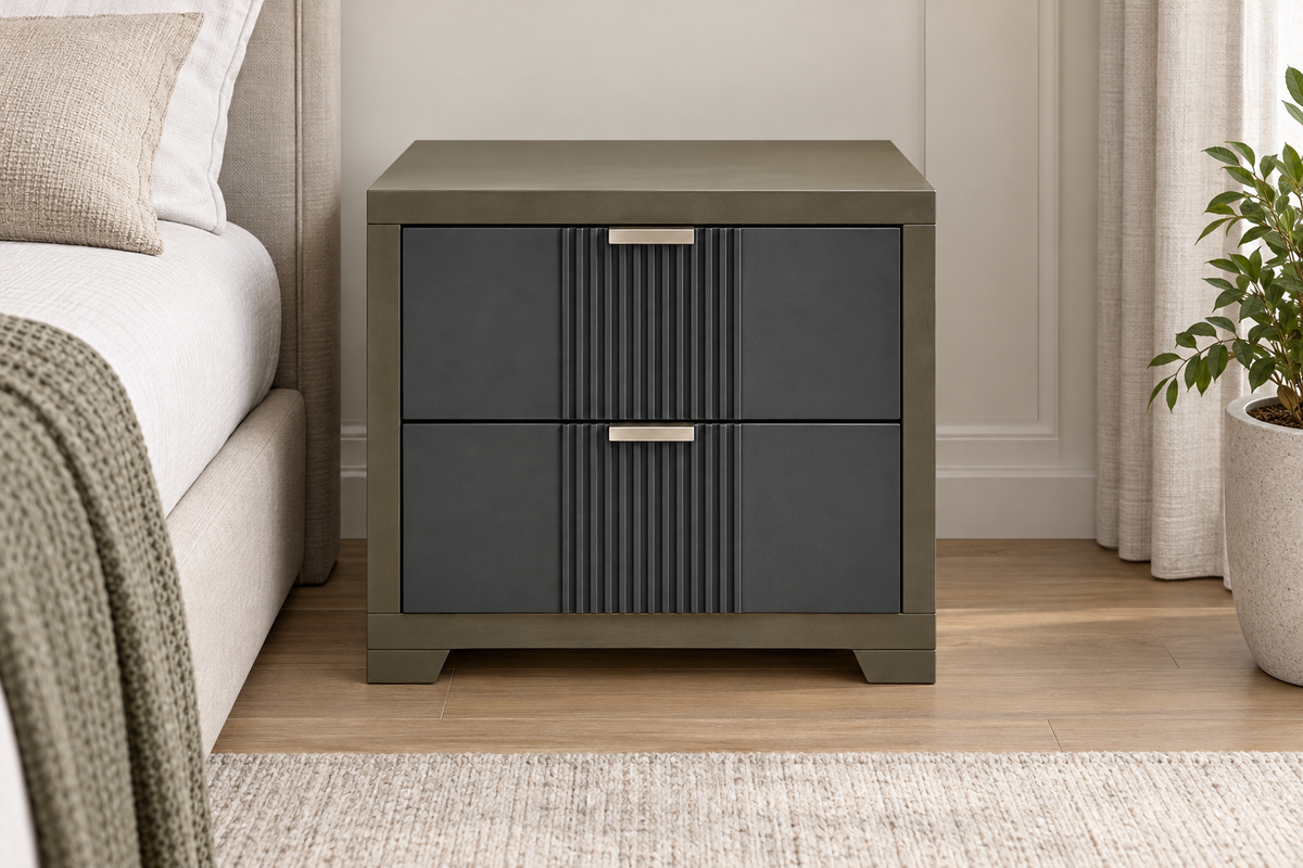 Ernest warm grey nightstand, front view with closed drawers