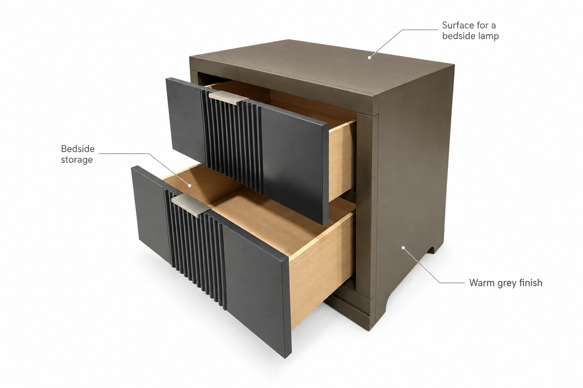 Ernest warm grey nightstand, feature illustration