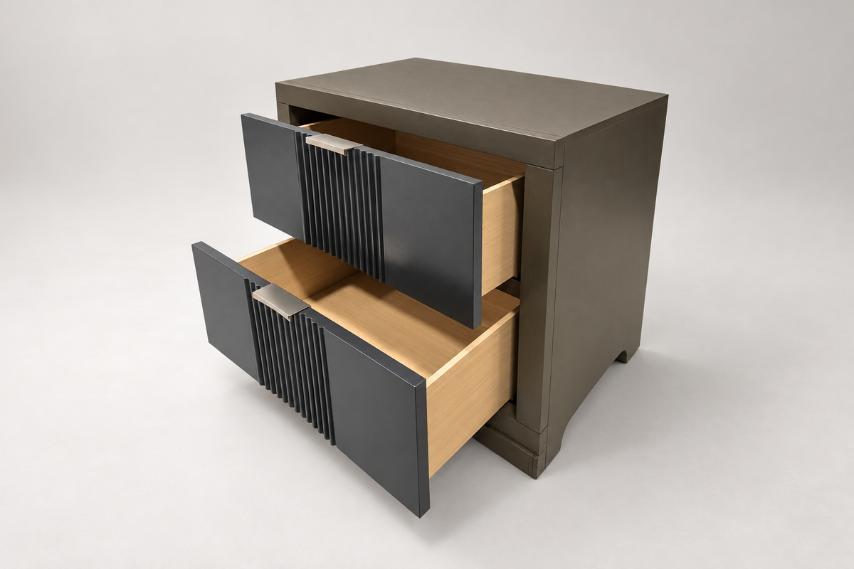 Ernest warm grey nightstand with two open drawers, studio view