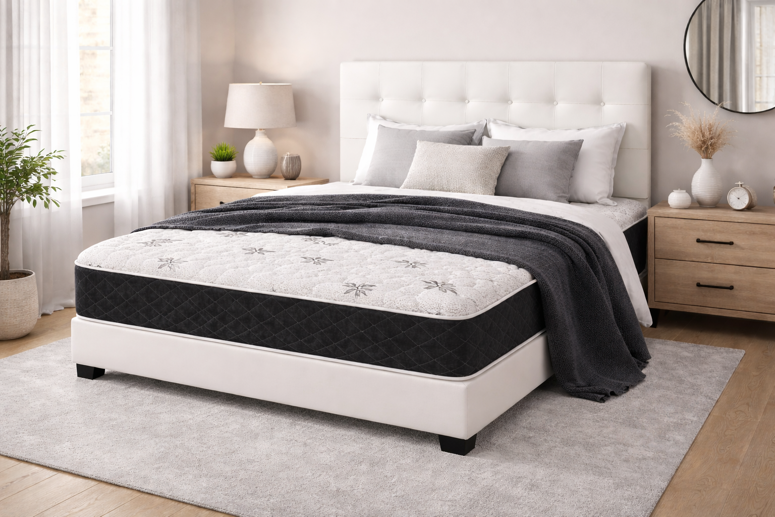 Essential rolled mattress in modern bedroom with white leather headboard and charcoal blanket