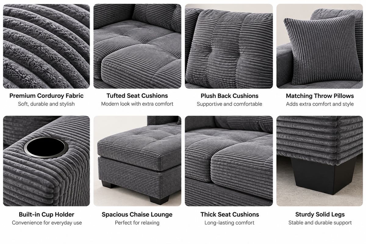 Close-up of the sectional sofa armrest showing built-in black cup holder and grey corduroy fabric texture