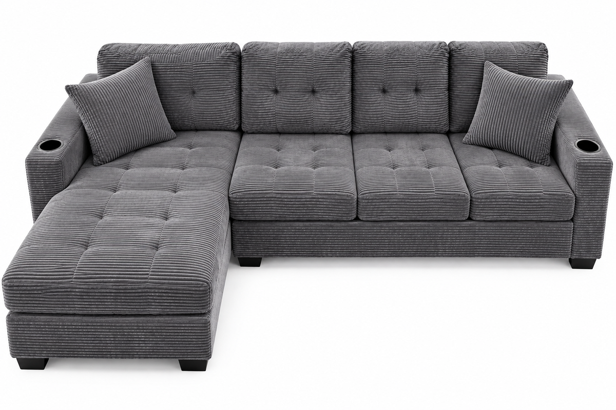 Front view of light grey sectional sofa showing left chaise with two matching pillows and built-in cup holders in armrests