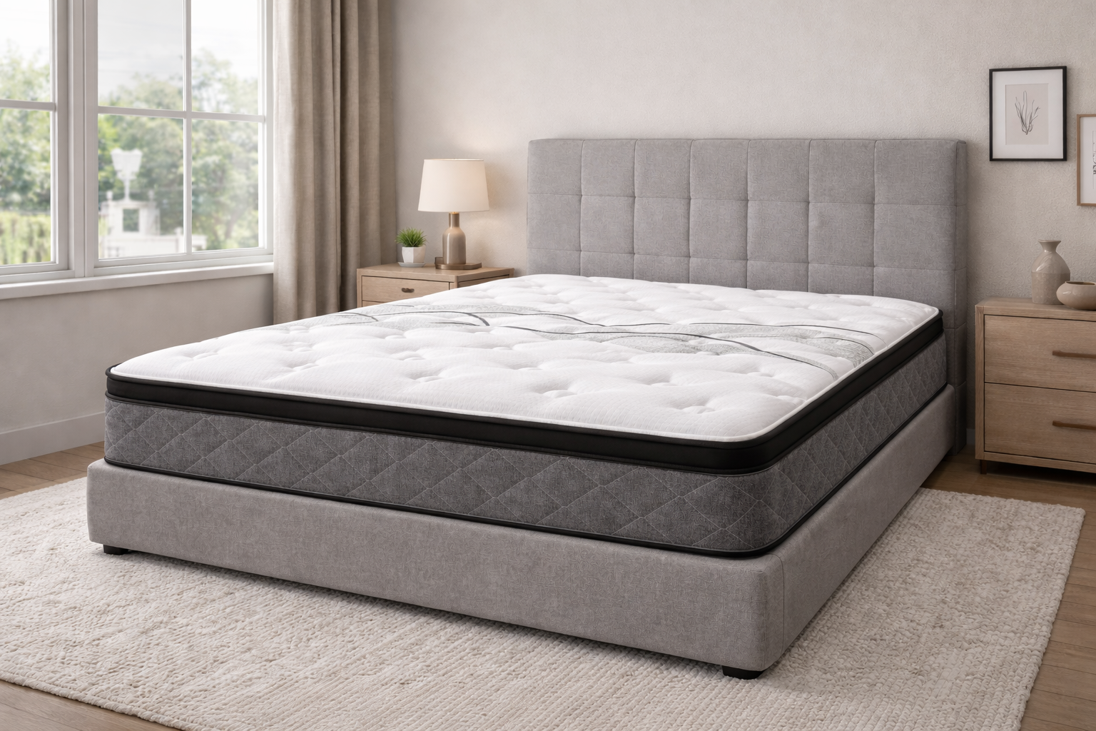 Hailey Euro Top 10 inch rolled mattress on upholstered bed in modern bedroom with natural lighting