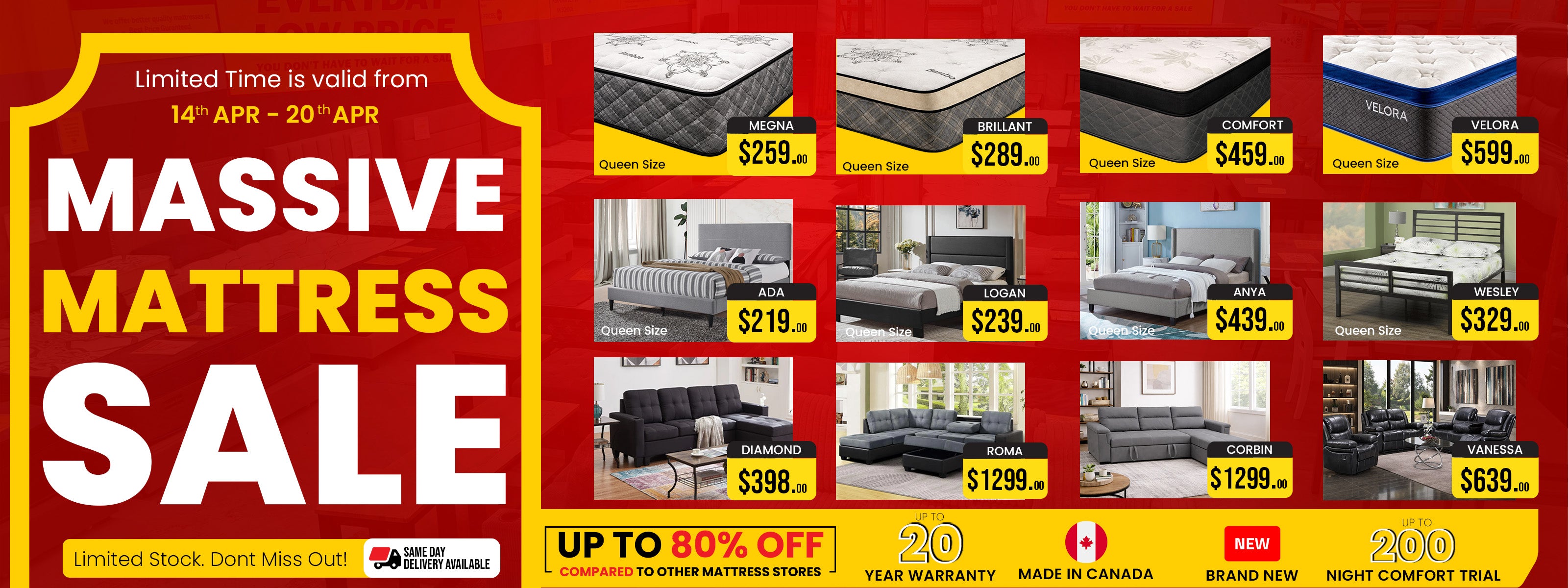 Promotional banner for a massive mattress sale with various mattress options and pricing.