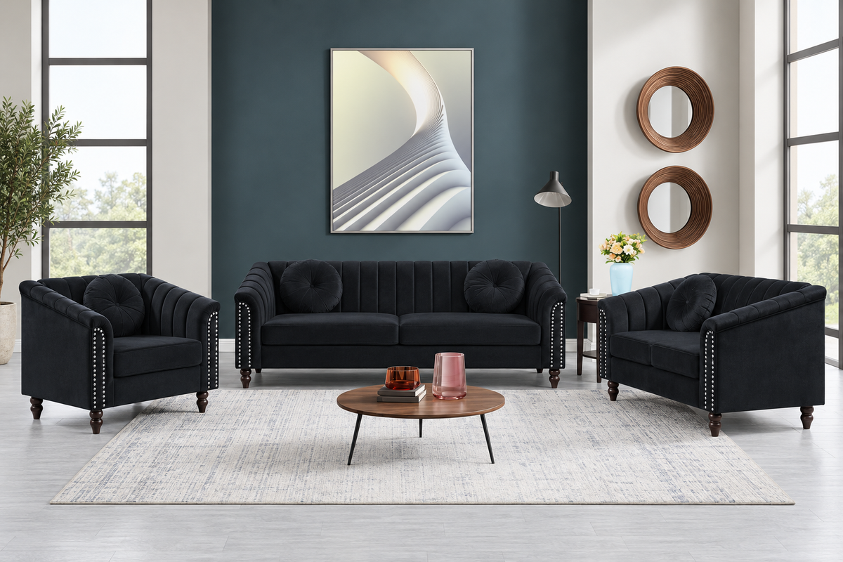 Front view of the John black 3-piece sofa set showing the sofa, loveseat and matching armchair.