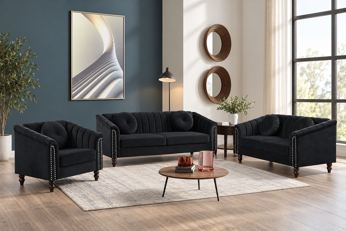 John black 3-piece sofa set arranged around a coffee table in a furnished living room.