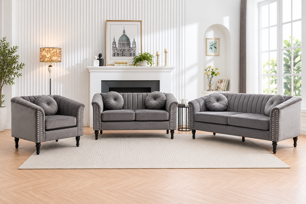 Front view of the John grey 3-piece sofa set showing the sofa, loveseat and matching armchair.