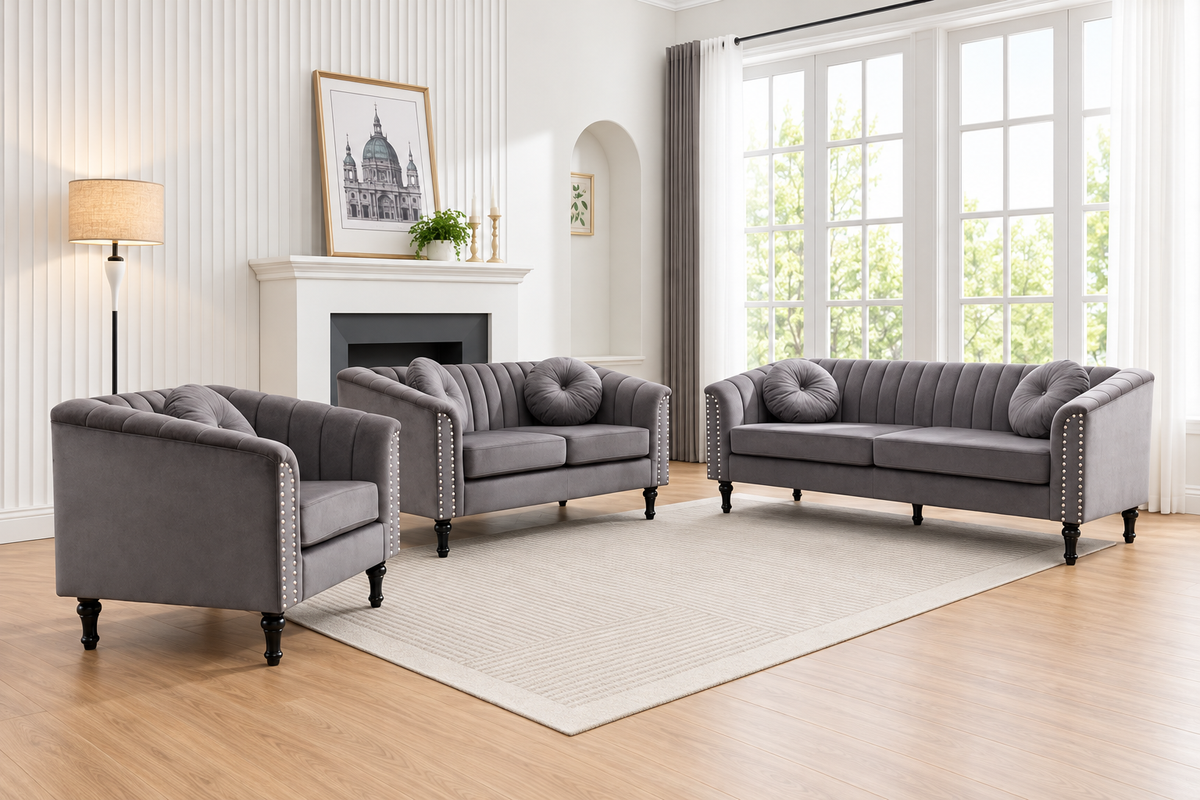 John grey 3-piece sofa set arranged with a matching sofa, loveseat and armchair in a bright room.