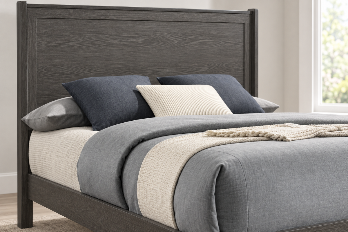 Close-up of the Juliet grey bed showing the wood-grain panel headboard and matching bed frame.
