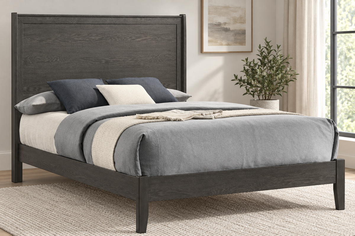 Juliet grey Queen bed from the bedroom set, with a panel headboard and low footboard in a furnished room.