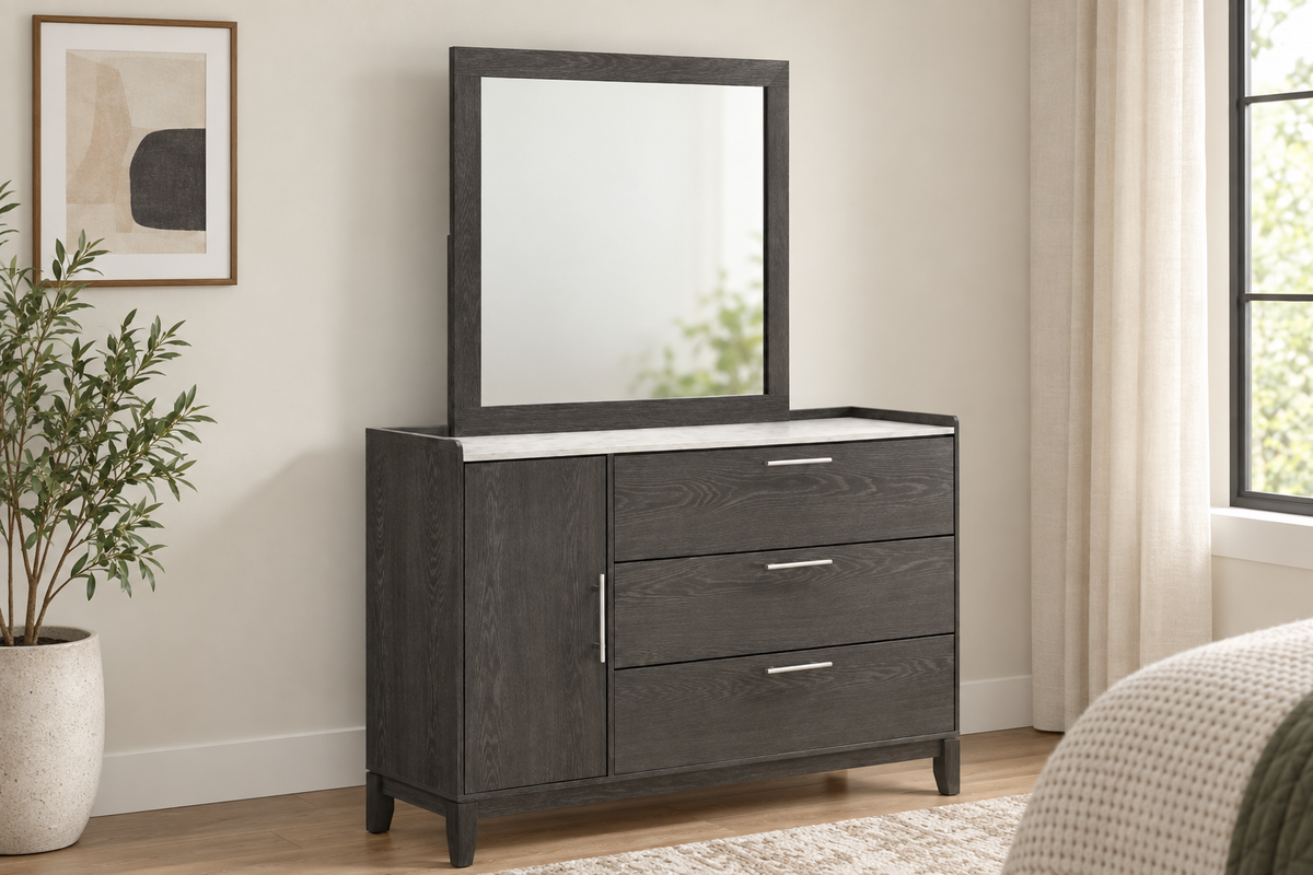 Juliet grey dresser displayed with its matching rectangular mirror in a bedroom; mirror sold separately.