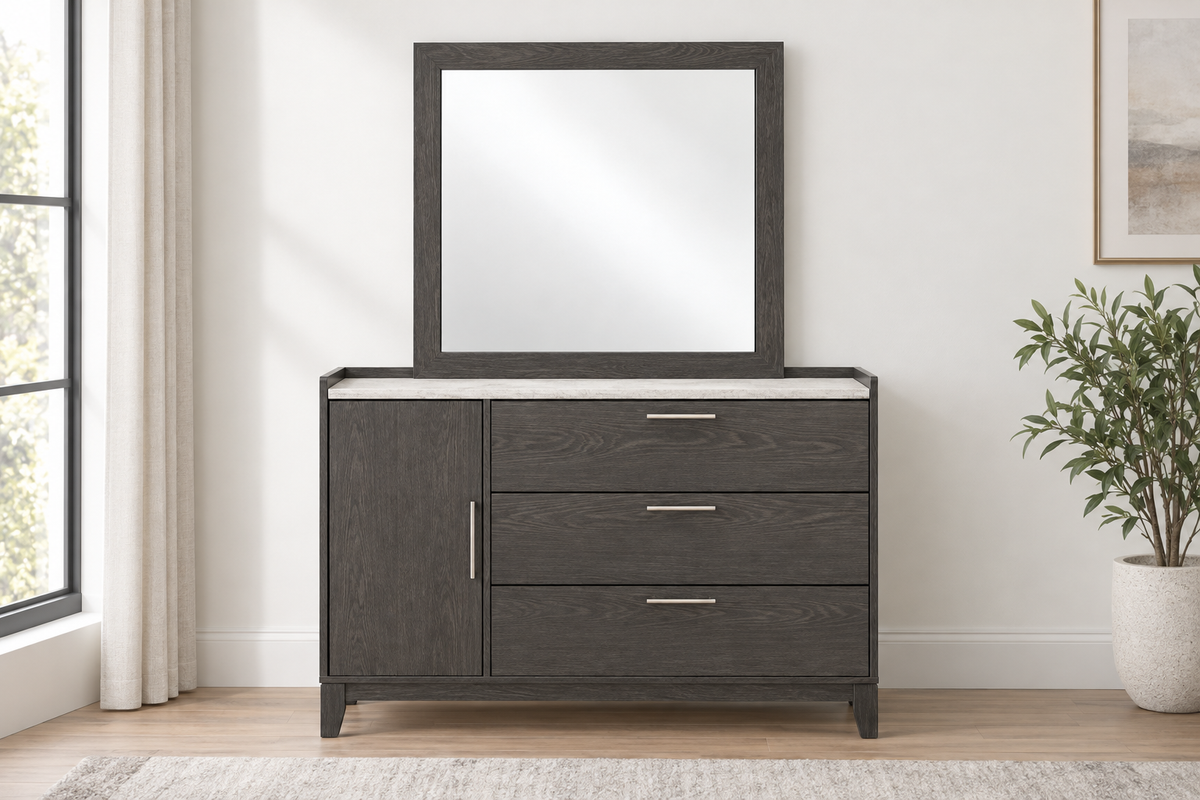 Front view of the Juliet grey dresser showing three drawers, a side cabinet and matching mirror, sold separately.