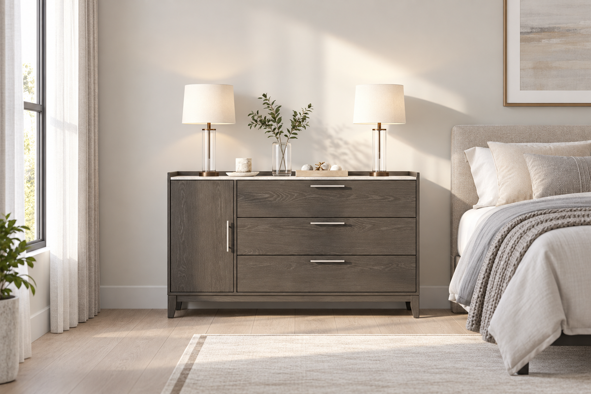 Juliet grey dresser with three drawers, a side cabinet and a light-coloured top, styled with lamps beside a bed.
