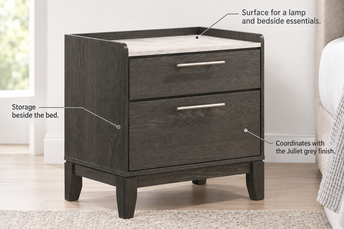 Juliet grey nightstand feature guide showing bedside storage, a surface for essentials and the coordinated grey finish.