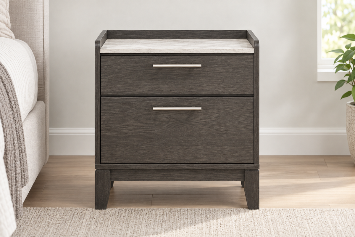 Front view of the Juliet grey two-drawer nightstand with metal handles and a light-coloured top.