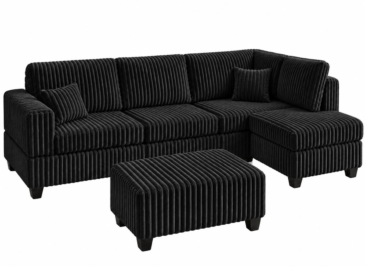 Kennedy Sectional Black with ribbed fabric upholstery in black shown with matching rectangular ottoman