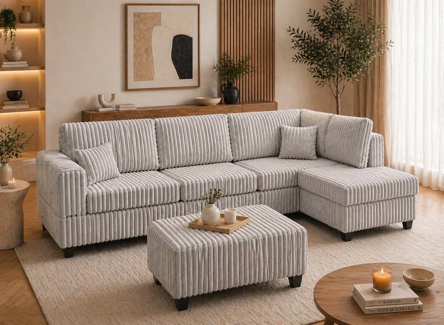 Living room with a striped sectional sofa, ottoman, and coffee table.