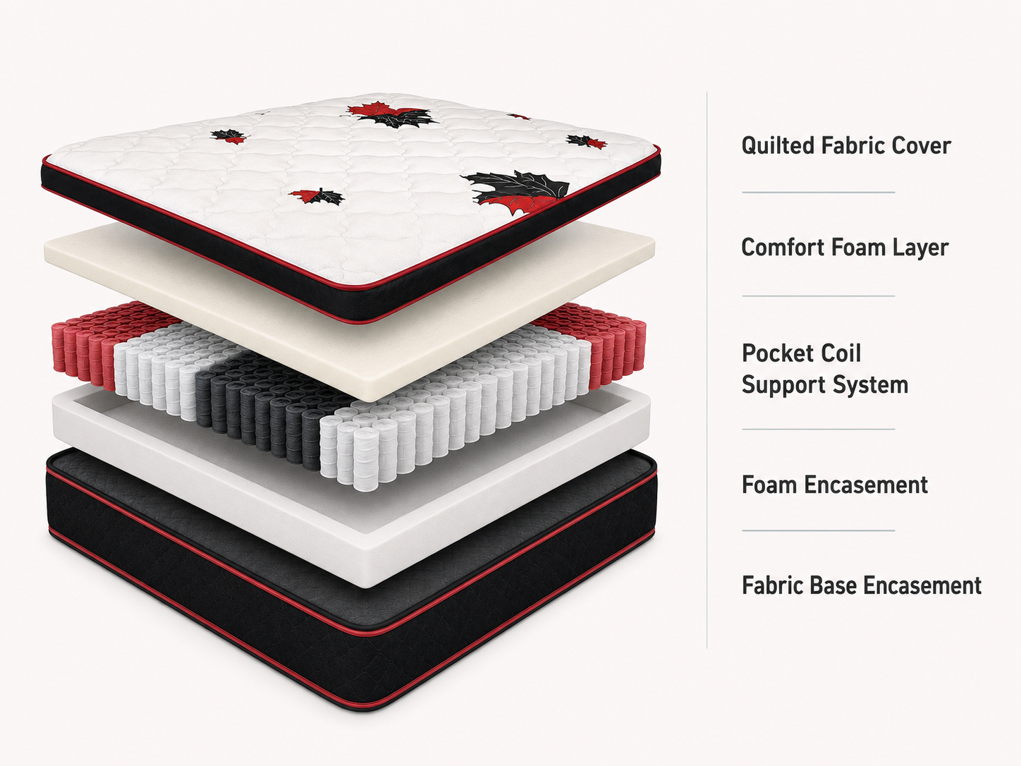 Exploded-view mattress infographic showing quilted fabric cover, comfort foam layer, pocket coil support system, foam encasement, and fabric base encasement with red-and-black maple leaf mattress design.