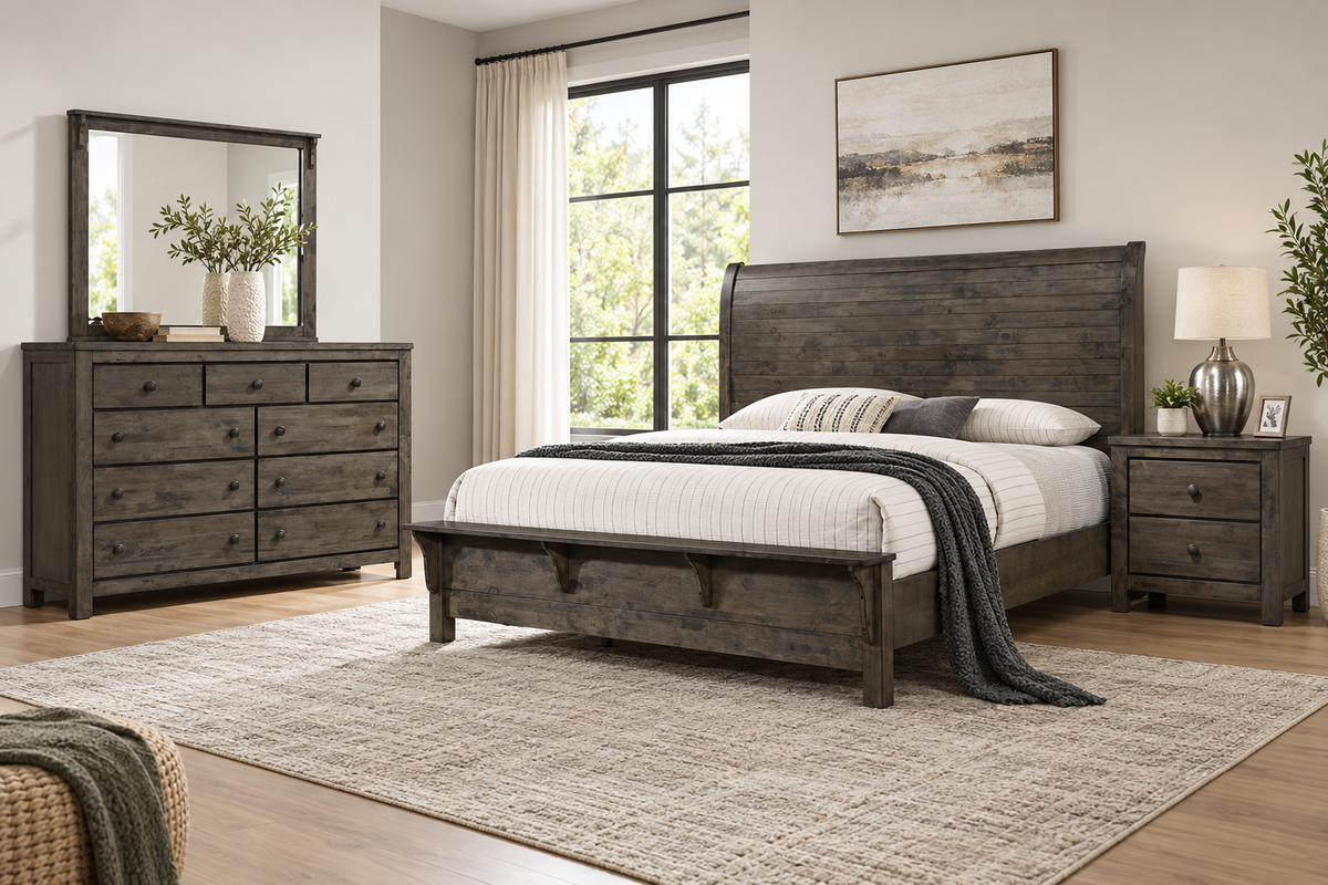 Margaret grey bedroom set with bed frame, dresser, mirror and one nightstand in a staged bedroom