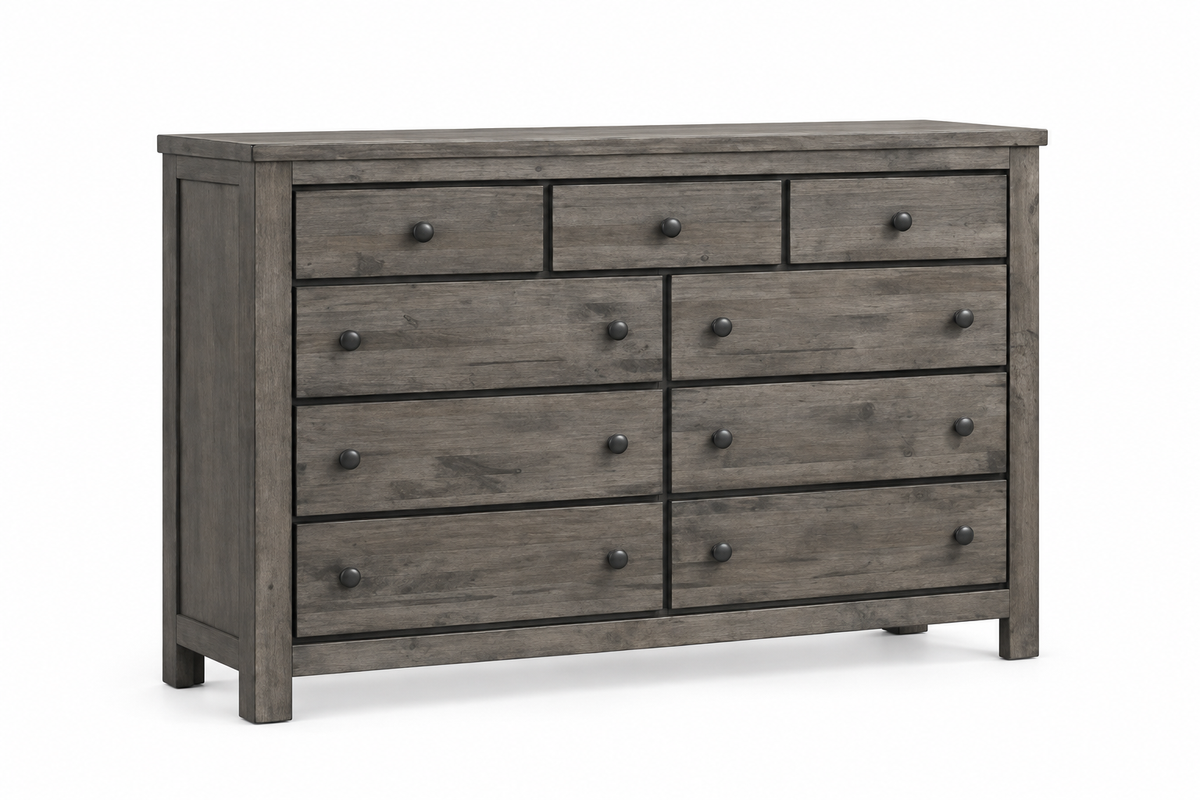 Margaret grey dresser with wood-grain drawer fronts and round knobs on a white background.