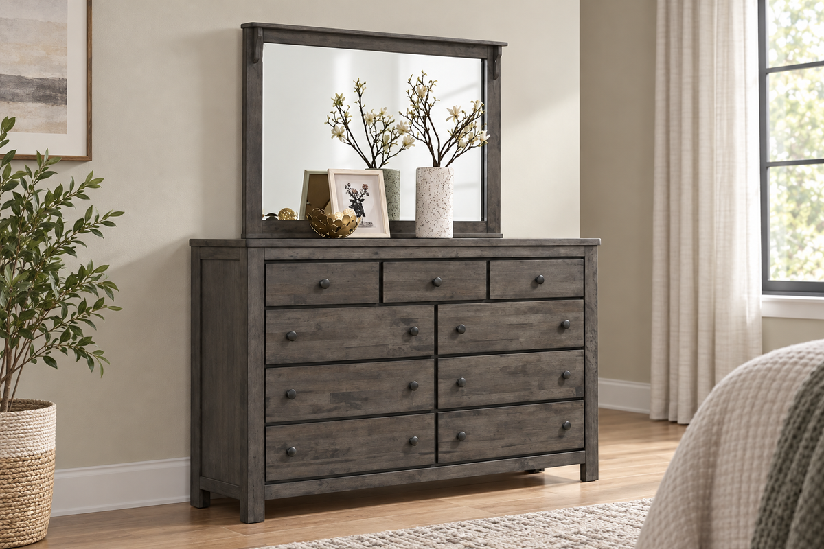 Margaret grey bedroom set dresser detail, staged room view