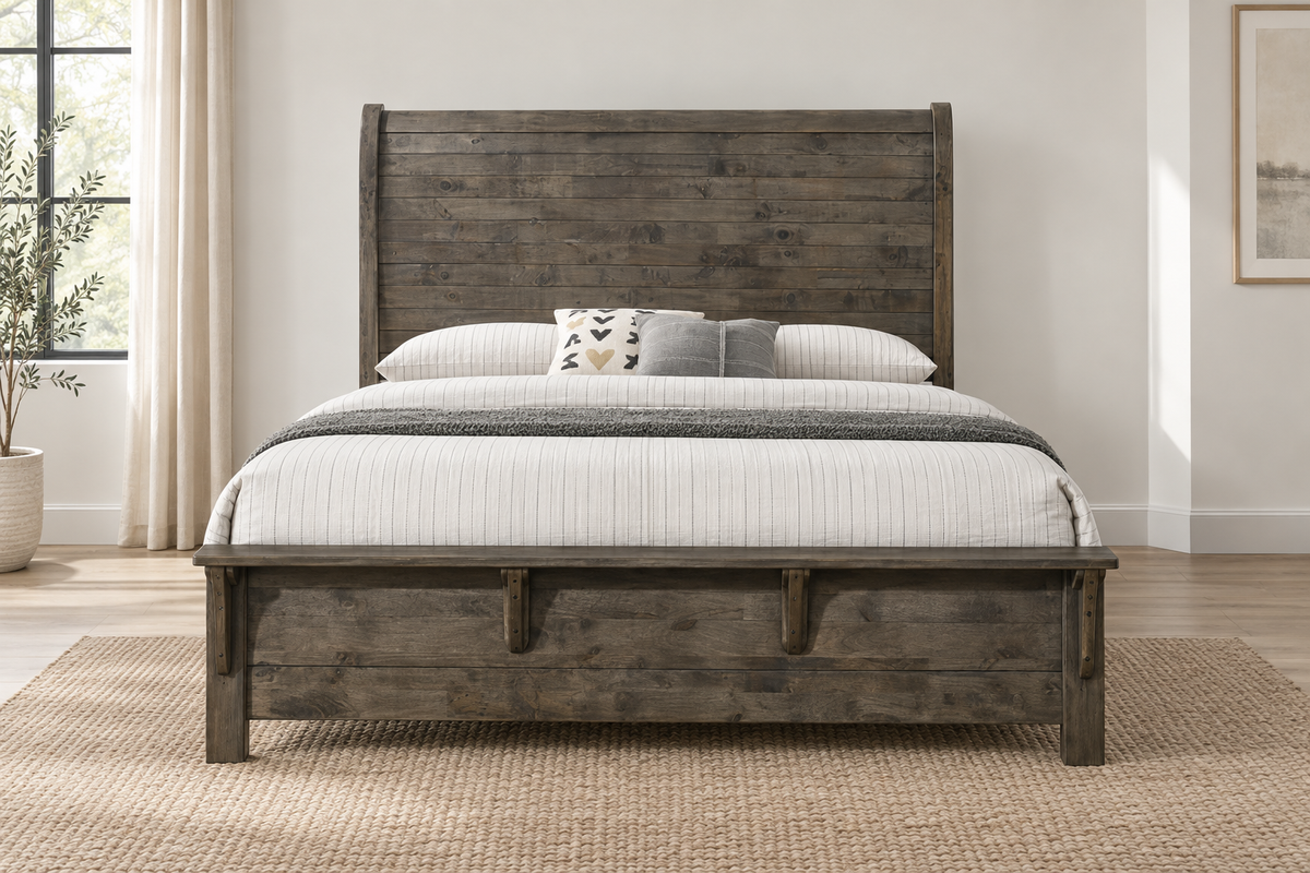 Margaret grey bed frame with a curved panel headboard and matching footboard, viewed from the front in a bedroom.