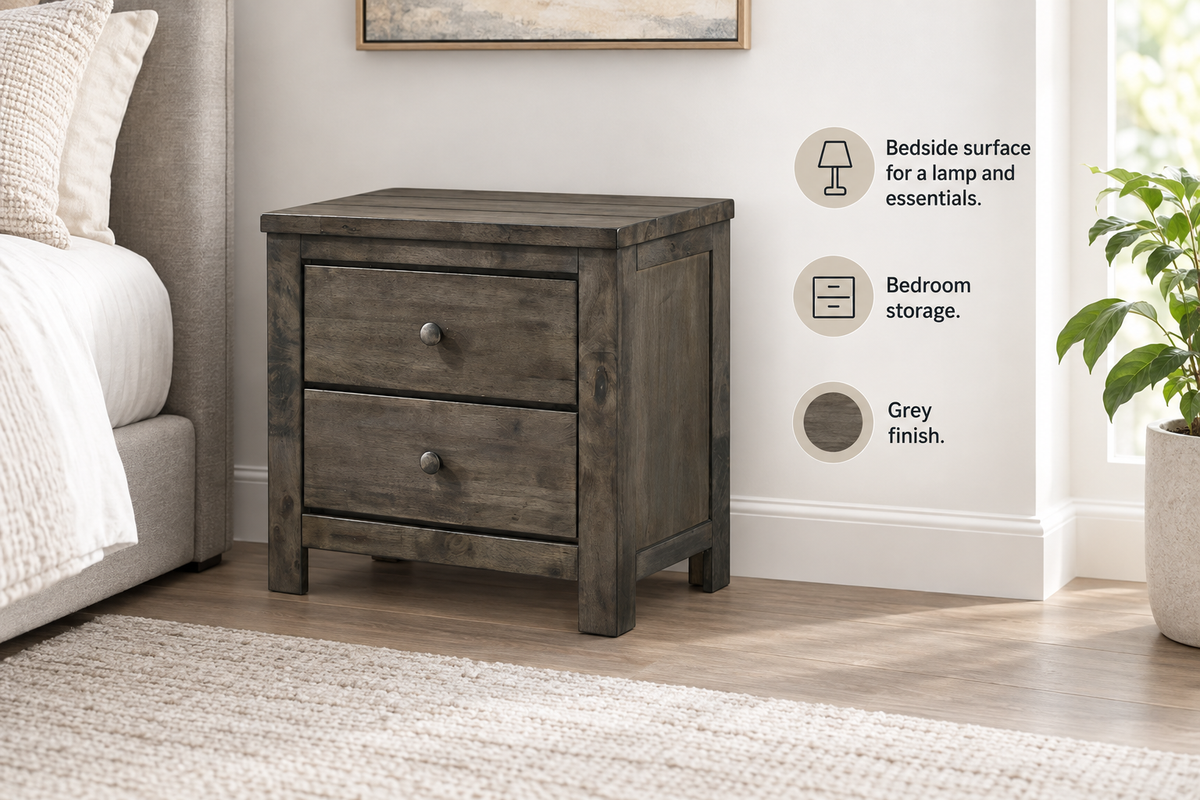Margaret grey nightstand feature guide highlighting bedside storage, a surface for essentials and the matching grey finish.