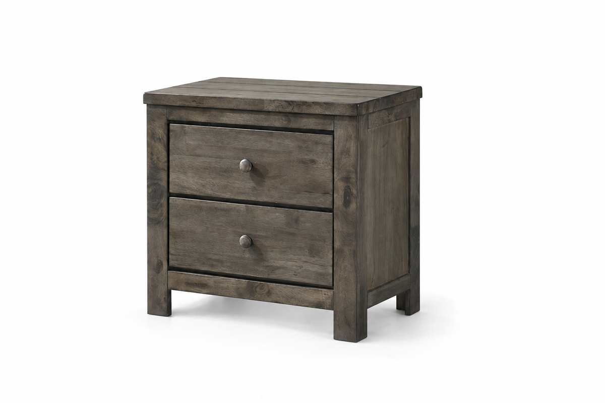 Margaret grey two-drawer nightstand with round knobs, shown on a white background.