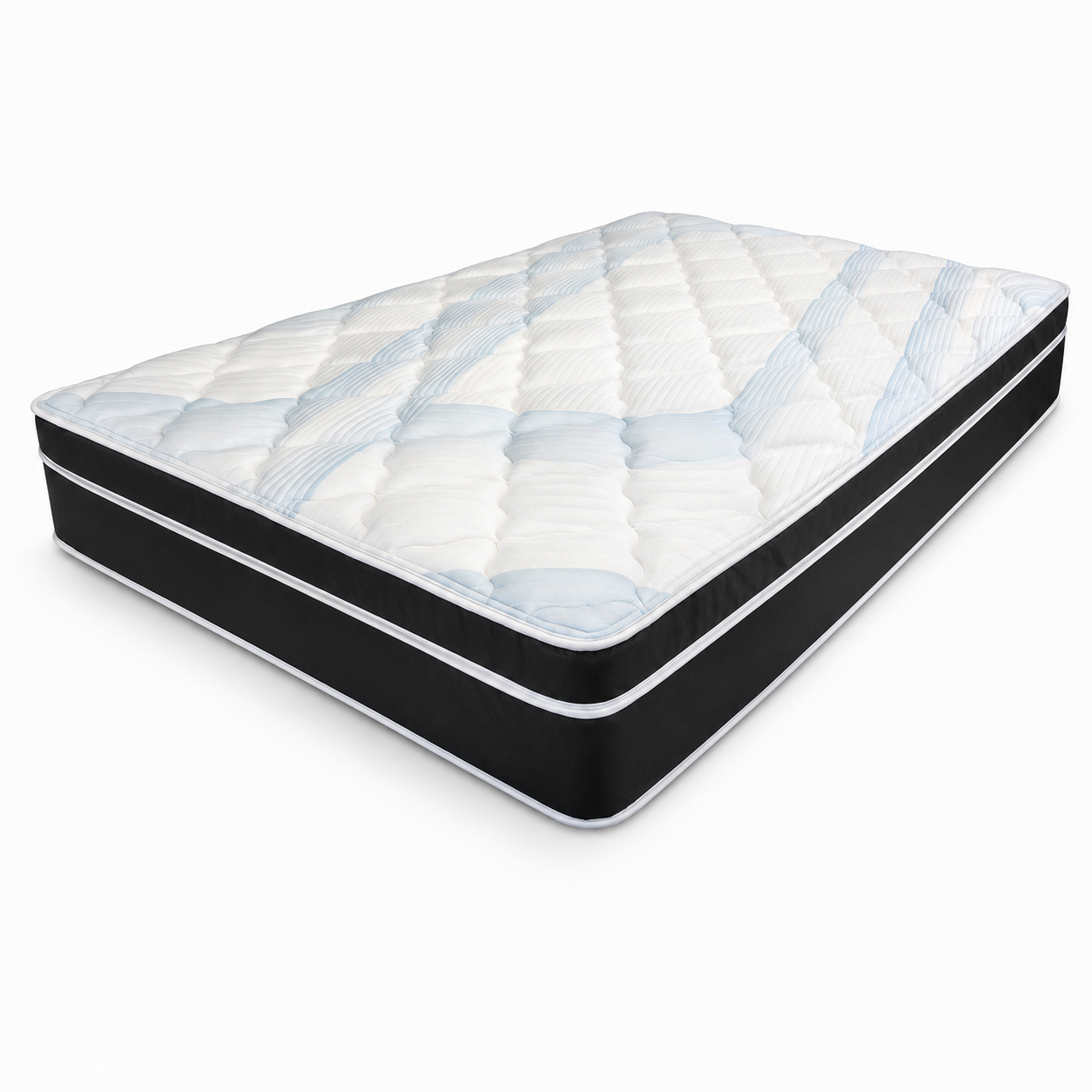 Professional product image of a modern quilted mattress with soft white and light blue patterned top, black side panels, and white trim on a clean white background.