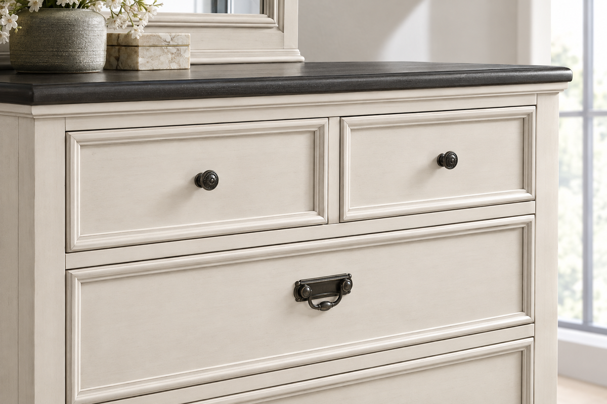 Close-up of the Natasha antique white bedroom set dresser showing drawer fronts, round knobs, metal handles and a dark top.