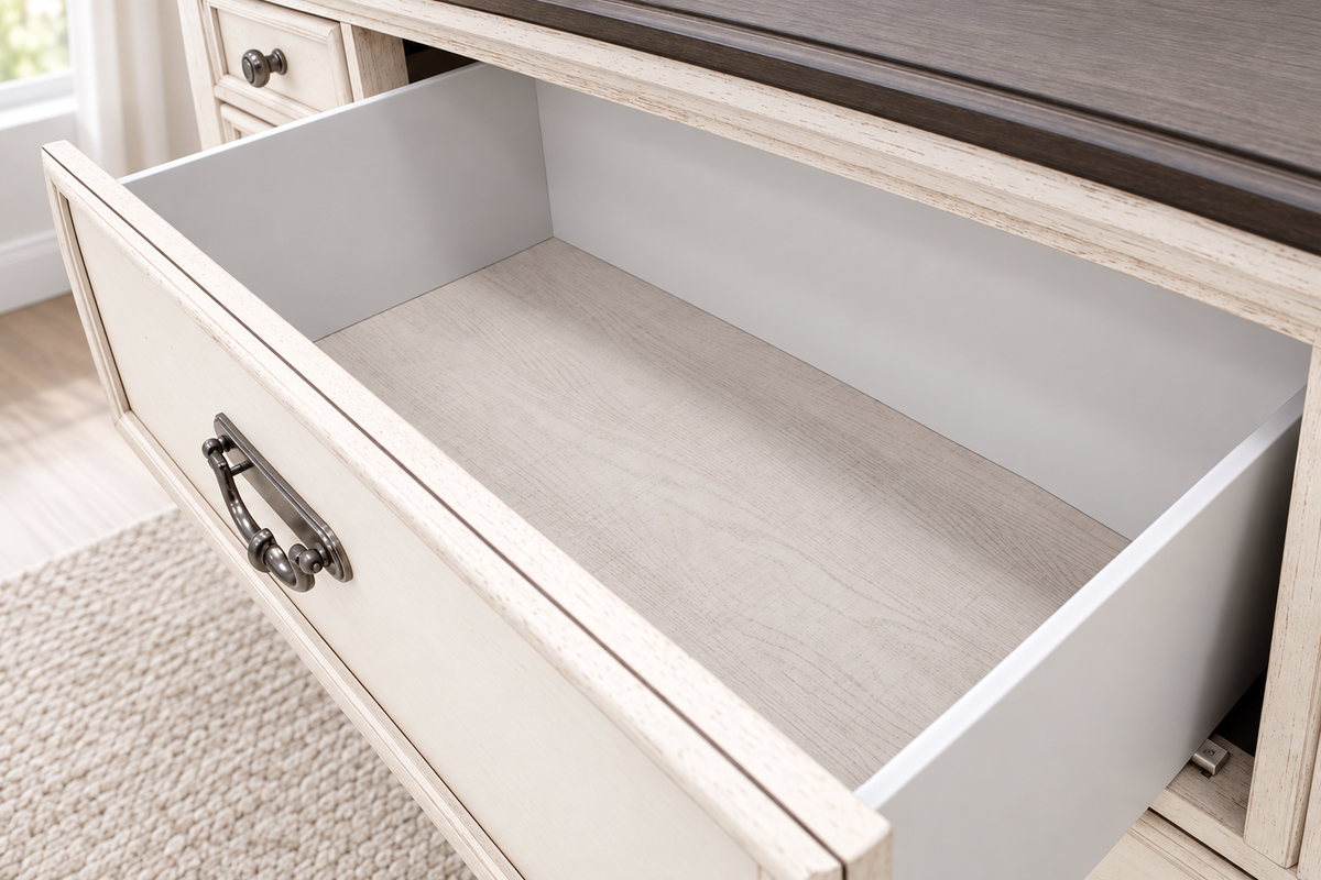 Close-up of an open Natasha antique white dresser drawer showing the drawer interior and dark top.