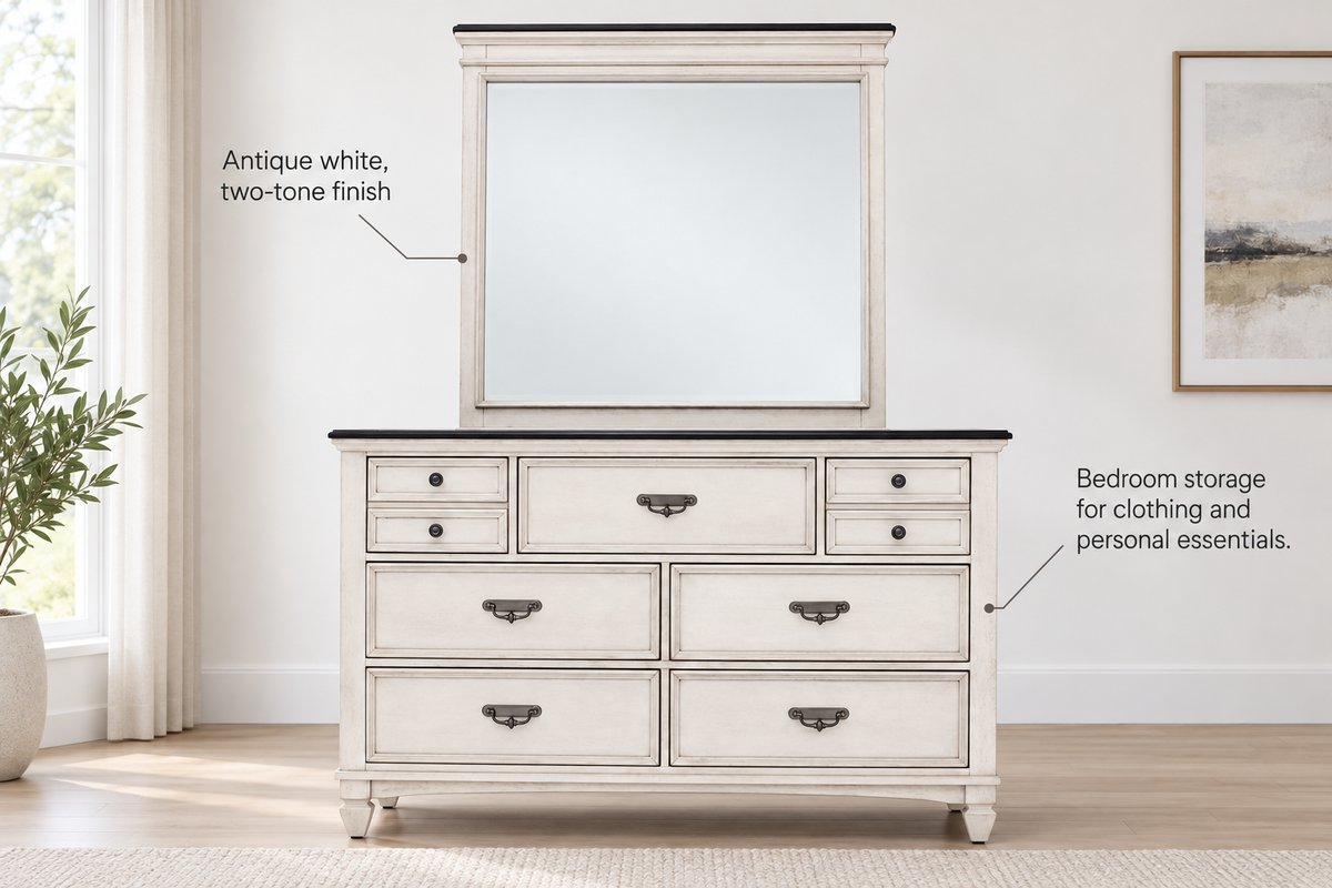 Natasha antique white dresser feature guide highlighting bedroom storage and the two-tone finish; matching mirror shown, sold separately.