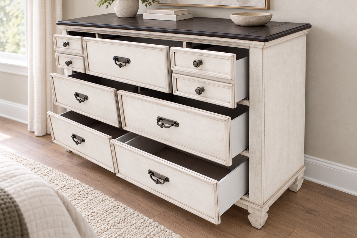 Natasha antique white dresser with drawers shown open in a furnished room.
