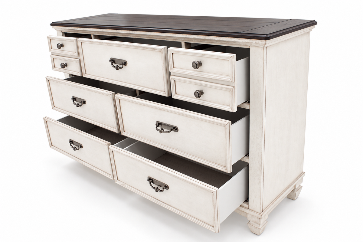 Natasha antique white dresser with a dark top and drawers shown open on a white background.