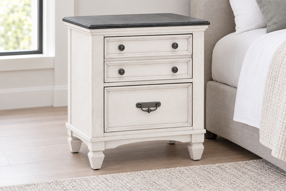 Natasha antique white nightstand with three drawer fronts, round knobs, a metal handle and a dark top, shown from an angle beside a bed.