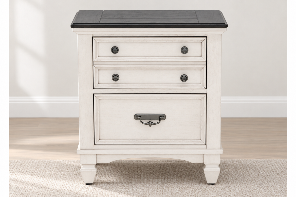 Natasha antique white nightstand with three drawer fronts, round knobs, a metal handle and a dark top, styled beside a bed.