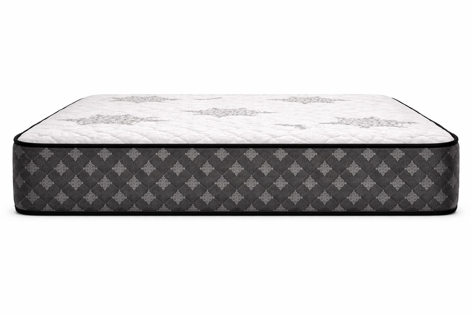 Perfection mattress straight front view showing full side panel with charcoal grey damask pattern and quilted top