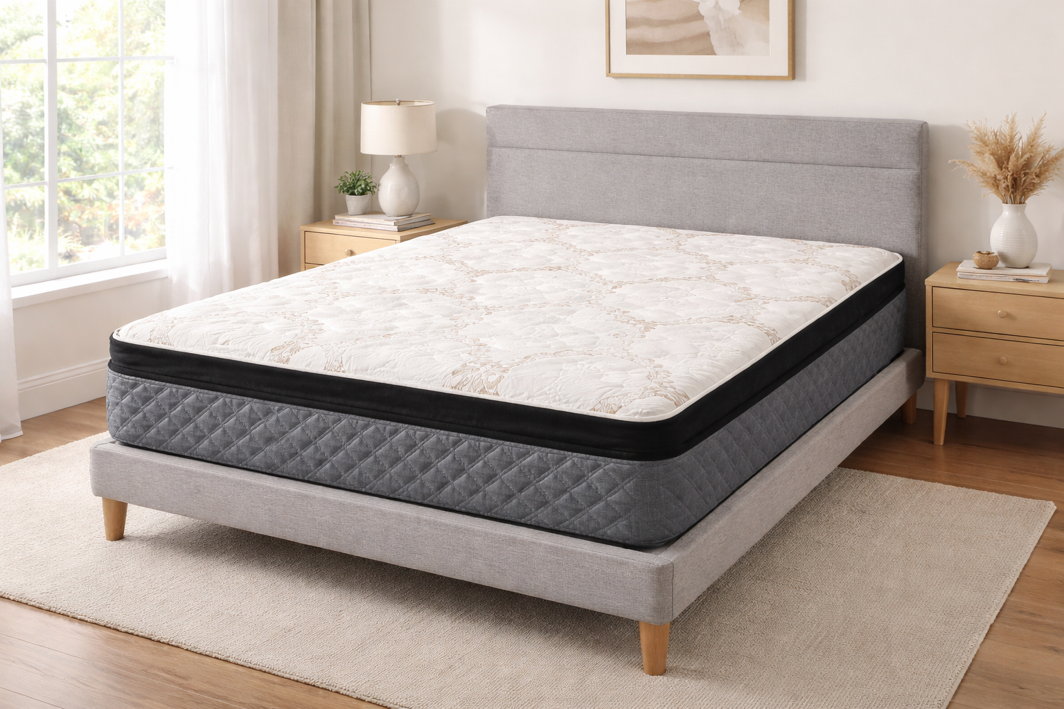 Presidential Cooling Gel Pillow Top mattress on modern bed frame in bright bedroom setting