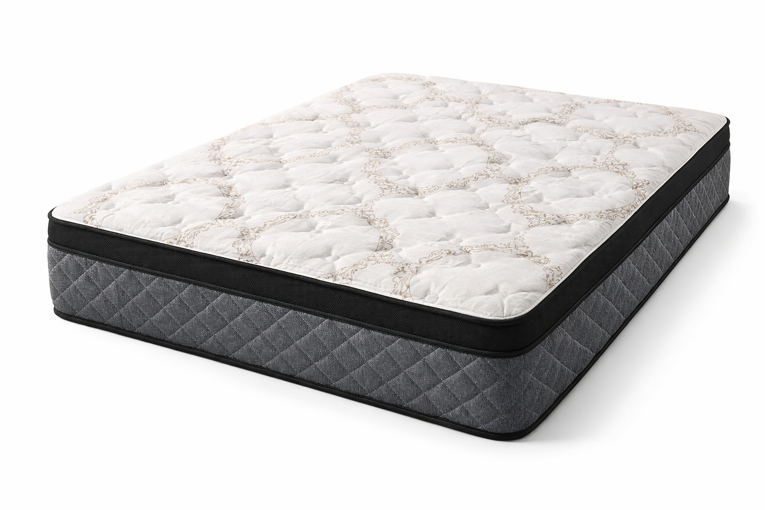 Presidential Cooling Gel Pillow Top queen mattress 3/4 view with quilted top and dark side panel